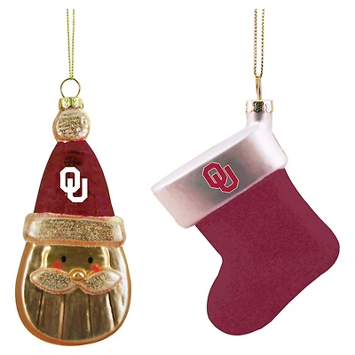 Oklahoma Sooners Two-Pack Santa Stocking Blown Glass Ornament Set