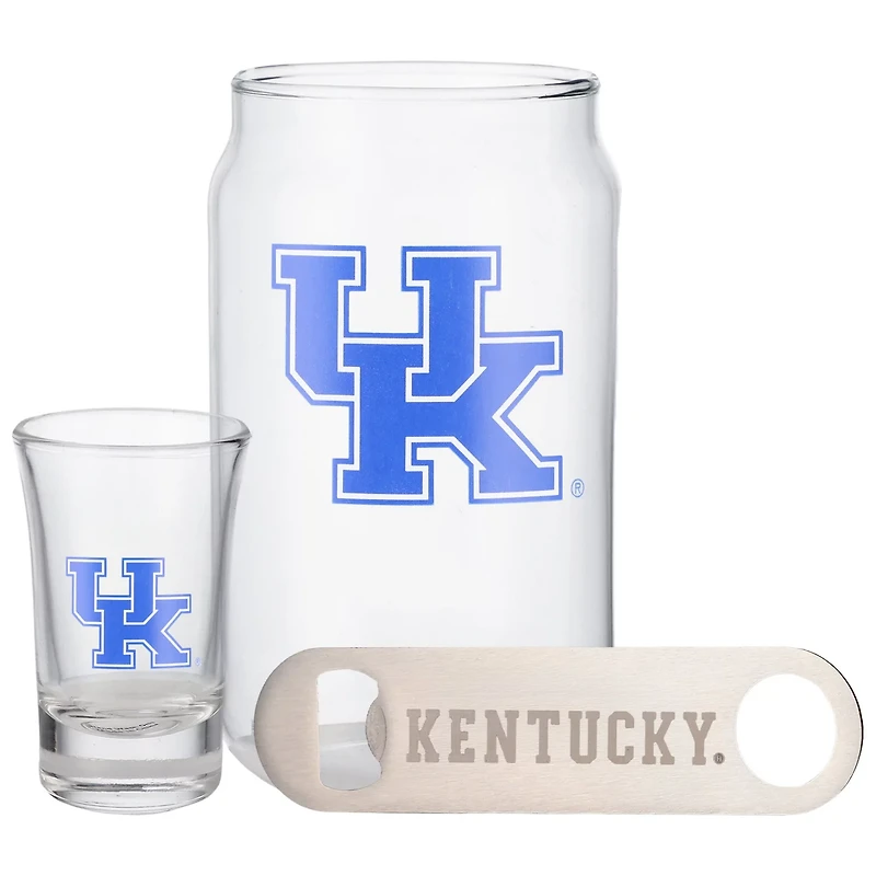 The Memory Company Kentucky Wildcats Three-Pack Beer Glass 2oz Shot Glass Bottle Opener Set