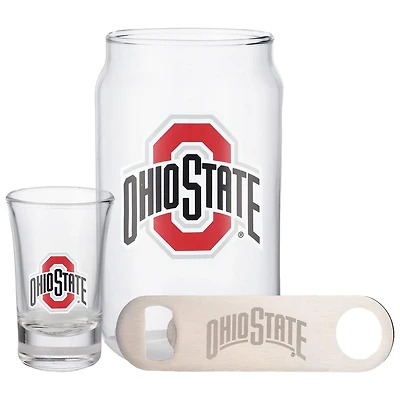 The Memory Company Ohio State Buckeyes Three-Pack Beer Glass 2oz Shot Glass  Bottle Opener Set
