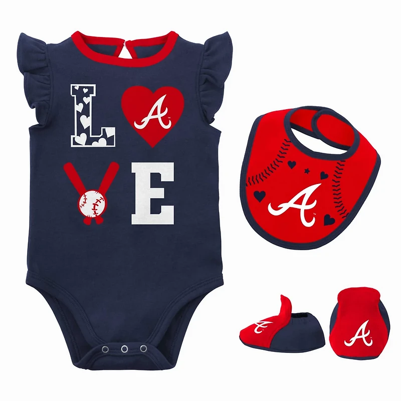 Newborn  Red Atlanta Braves Three-Piece Love of Baseball Bib Bodysuit  Booties Set