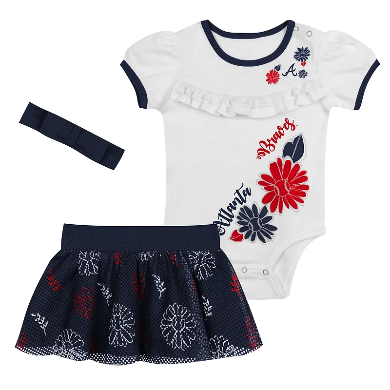 Newborn Navy Atlanta Braves Sweet Catcher 3-Piece Bodysuit Headband and Skirt Set