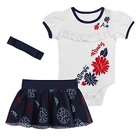 Newborn Navy Atlanta Braves Sweet Catcher 3-Piece Bodysuit Headband and Skirt Set