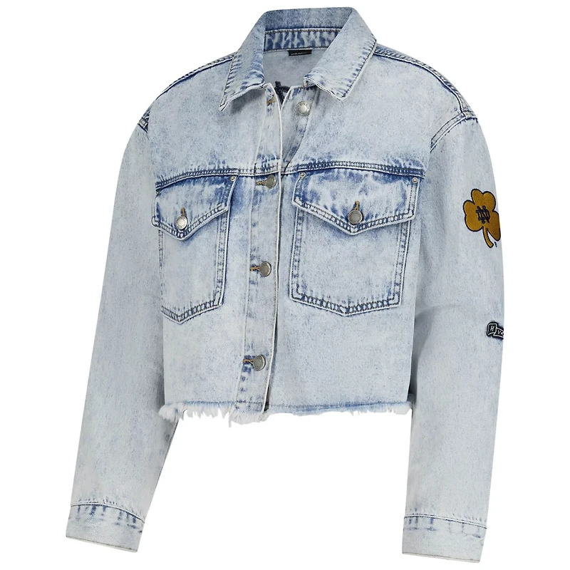 Hype and Vice Notre Dame Fighting Irish Lightwash Cropped Button-Up Jean Jacket