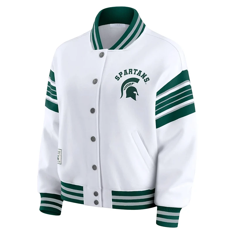 WEAR by Erin Andrews Green Michigan State Spartans Satin Stitch Full-Snap Fleece Sweatshirt Jacket