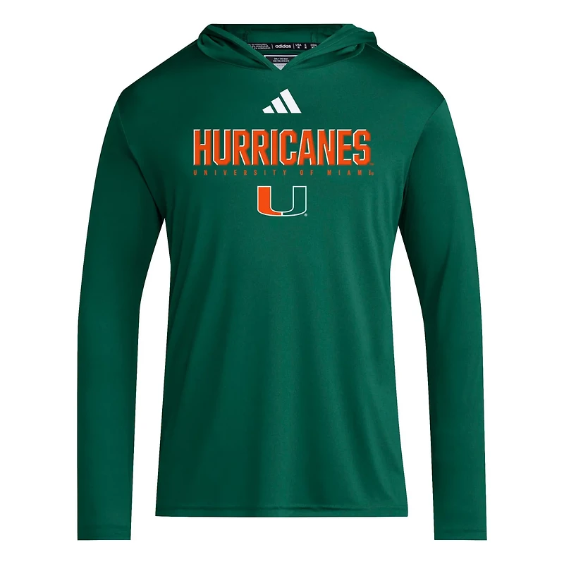 adidas Miami Hurricanes 2025 AEROREADY Sideline Training Long Sleeve Hooded T-Shirt