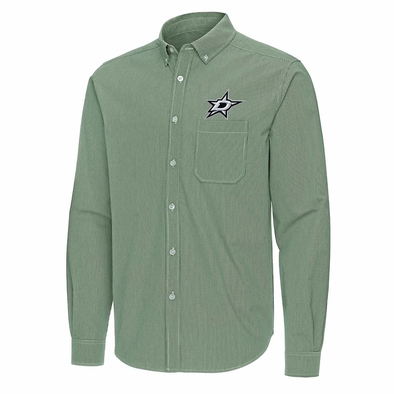 Antigua Hunter Dallas Stars Porter Woven Tri-Blend Long Sleeve Button-Down Shirt