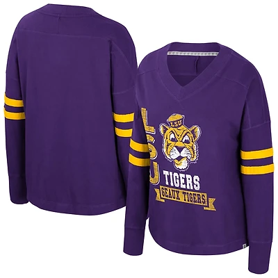 Colosseum LSU Tigers Oversized Violet Distressed V-Neck Long Sleeve T-Shirt