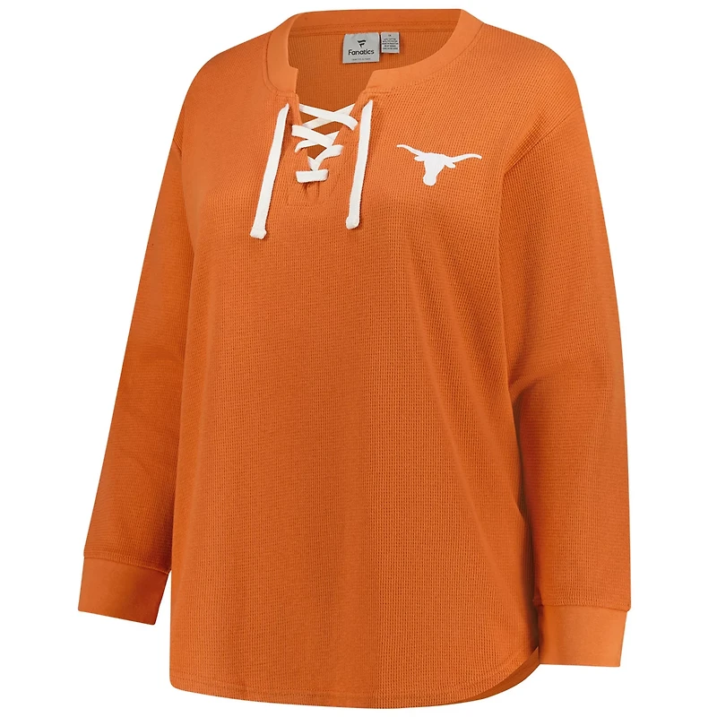 Fanatics Burnt Texas Longhorns Lace-Up Waffle Knit Plus Long Sleeve T-Shirt