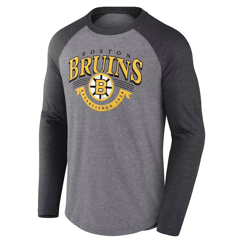 Fanatics Heather Charcoal Boston Bruins Goal Crease Raglan Tri-Blend Long Sleeve T-Shirt