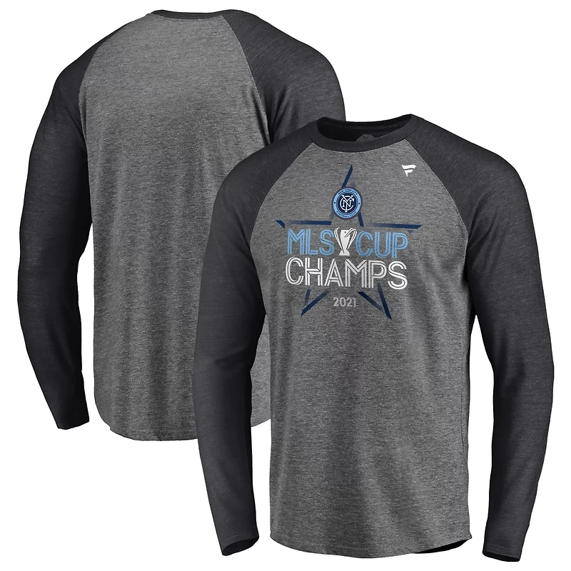 Fanatics Heathered Gray New York City FC 2021 MLS Cup Champions Locker Room Raglan Long Sleeve T-Shirt