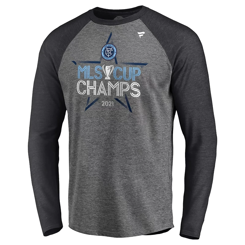 Fanatics Heathered Gray New York City FC 2021 MLS Cup Champions Locker Room Raglan Long Sleeve T-Shirt