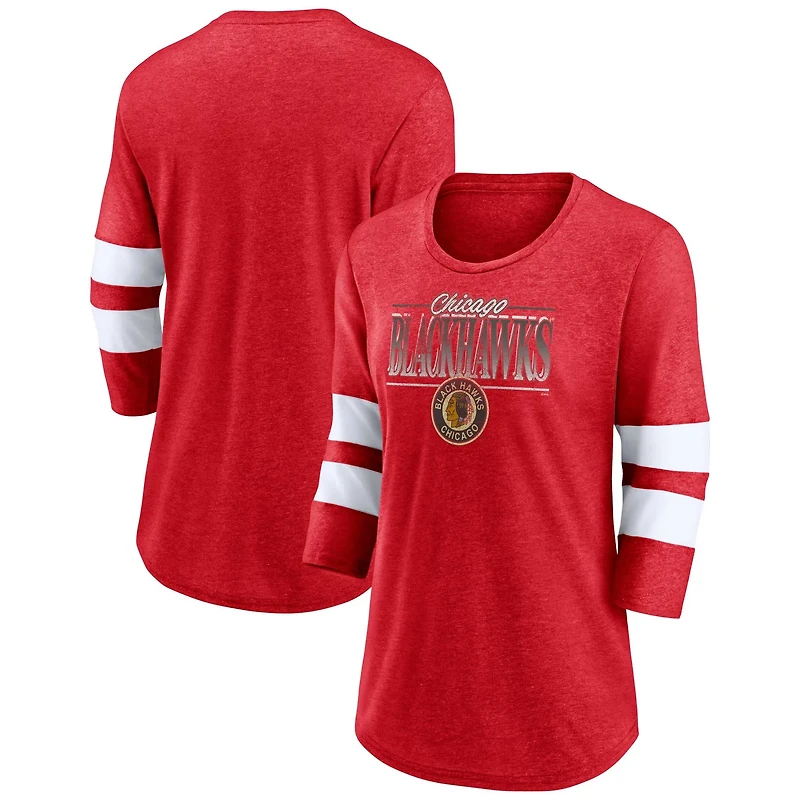Fanatics Heathered /White Chicago Blackhawks Full Shield 3/4-Sleeve Tri-Blend Raglan Scoop Neck T-Shirt
