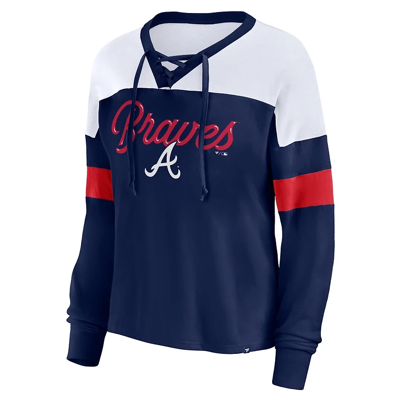 Fanatics /White Atlanta Braves Even Match Lace-Up Long Sleeve V-Neck T-Shirt
