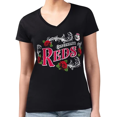 G-III 4Her by Carl Banks Cincinnati Reds Super-Slim Fit Lightweight Retro Roses V-Neck T-Shirt