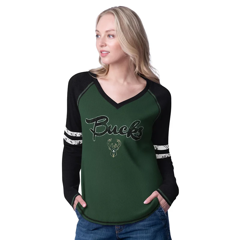 G-III 4Her by Carl Banks Hunter Cream Milwaukee Bucks Winner Waffle Knit Thermal Long Sleeve Tri-Blend T-Shirt
