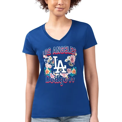 G-III 4Her by Carl Banks Los Angeles Dodgers Super-Slim Fit Lightweight Flowers Graphic V-Neck T-Shirt