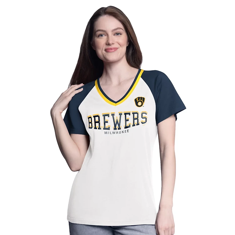 G-III 4Her by Carl Banks Navy Milwaukee Brewers Ball Park Raglan V-Neck T-Shirt
