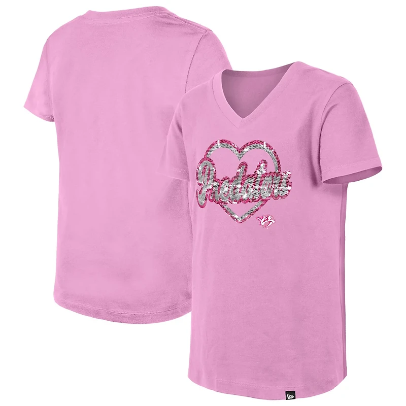 Girl's Youth New Era Nashville Predators Flip Sequin V-Neck T-Shirt