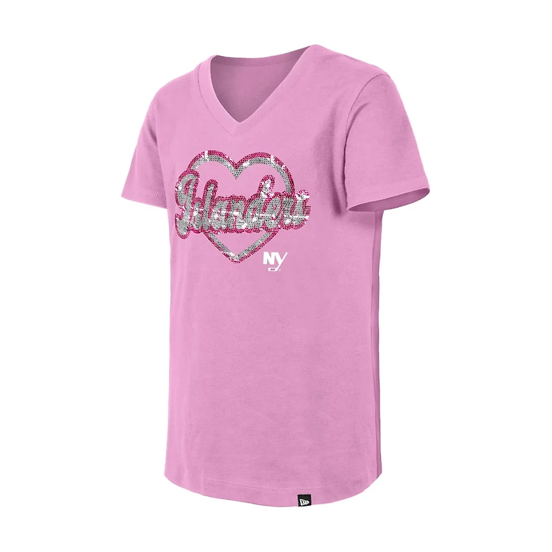 Girl's Youth New Era York Islanders Flip Sequin V-Neck T-Shirt