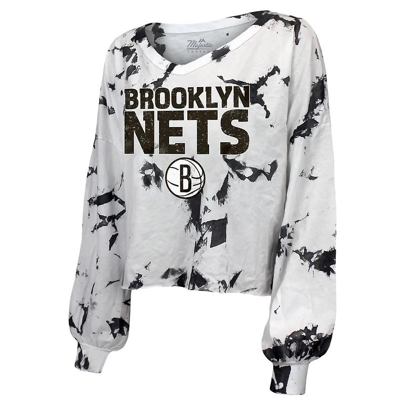 Majestic Threads /Black Brooklyn Nets Aquarius Tie-Dye Cropped V-Neck Long Sleeve T-Shirt