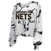 Majestic Threads /Black Brooklyn Nets Aquarius Tie-Dye Cropped V-Neck Long Sleeve T-Shirt