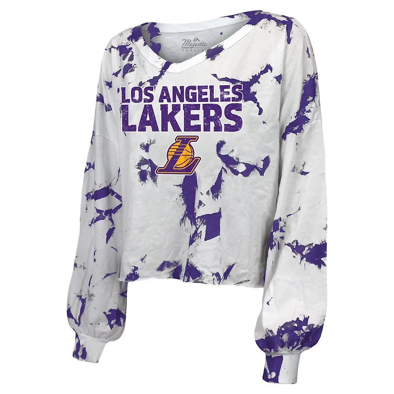 Majestic Threads Los Angeles Lakers Aquarius Tie-Dye Cropped V-Neck Long Sleeve T-Shirt