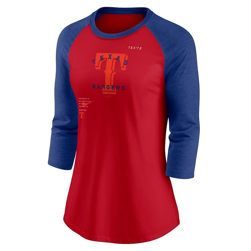 Nike /Royal Texas Rangers Next Up Tri-Blend Raglan 3/4-Sleeve T-Shirt