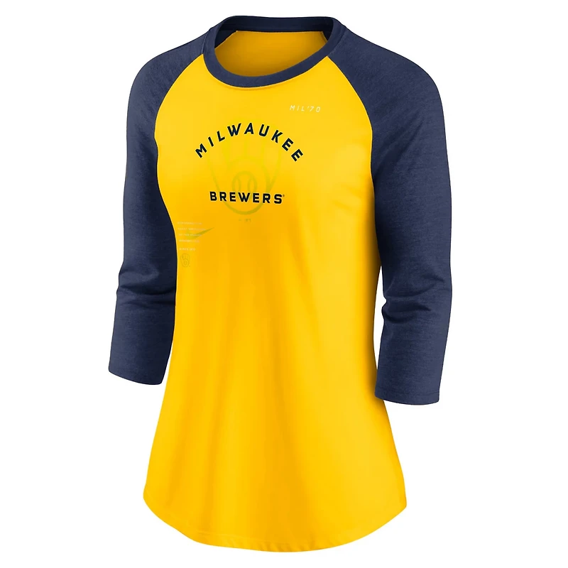 Nike /Navy Milwaukee Brewers Next Up Tri-Blend Raglan 3/4-Sleeve T-Shirt
