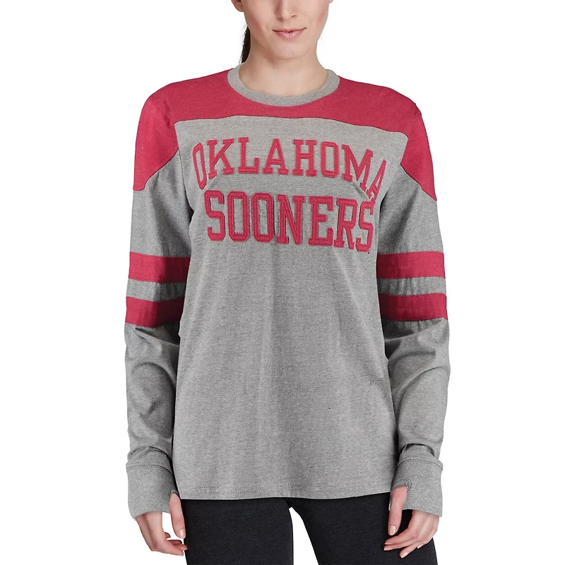 Pressbox Heathered Gray/Crimson Oklahoma Sooners Peyton Sleeve Stripe Applique Long Sleeve T-Shirt