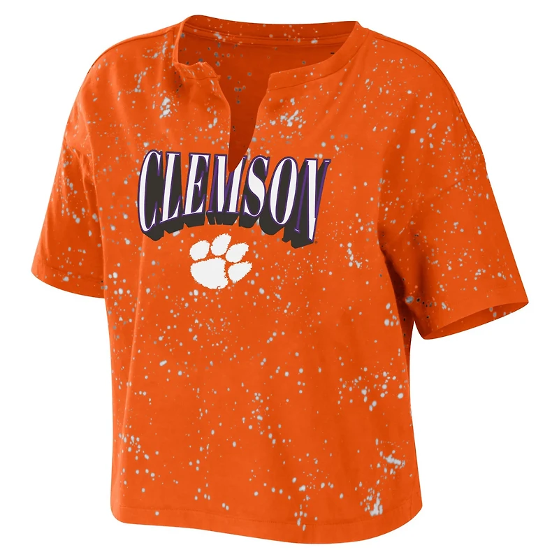 WEAR by Erin Andrews Clemson Tigers Bleach Wash Splatter Cropped Notch Neck T-Shirt