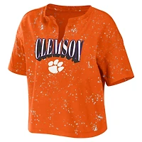 WEAR by Erin Andrews Clemson Tigers Bleach Wash Splatter Cropped Notch Neck T-Shirt