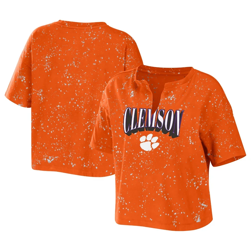 WEAR by Erin Andrews Clemson Tigers Bleach Wash Splatter Cropped Notch Neck T-Shirt