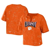 WEAR by Erin Andrews Clemson Tigers Bleach Wash Splatter Cropped Notch Neck T-Shirt