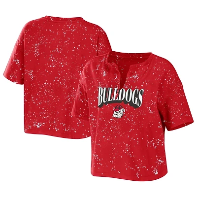 WEAR by Erin Andrews Georgia Bulldogs Bleach Wash Splatter Cropped Notch Neck T-Shirt