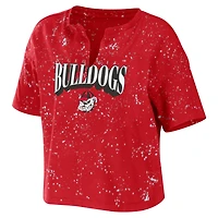 WEAR by Erin Andrews Georgia Bulldogs Bleach Wash Splatter Cropped Notch Neck T-Shirt