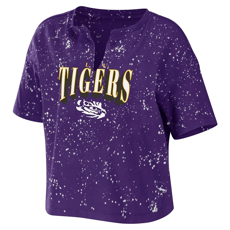WEAR by Erin Andrews LSU Tigers Bleach Wash Splatter Cropped Notch Neck T-Shirt