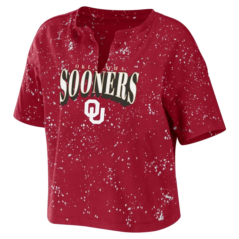 WEAR by Erin Andrews Oklahoma Sooners Bleach Wash Splatter Cropped Notch Neck T-Shirt