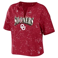 WEAR by Erin Andrews Oklahoma Sooners Bleach Wash Splatter Cropped Notch Neck T-Shirt