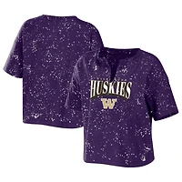 WEAR by Erin Andrews Washington Huskies Bleach Wash Splatter Cropped Notch Neck T-Shirt