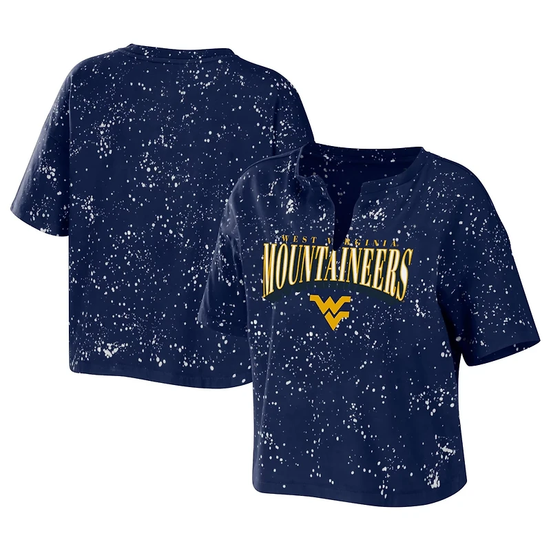 WEAR by Erin Andrews West Virginia Mountaineers Bleach Wash Splatter Cropped Notch Neck T-Shirt