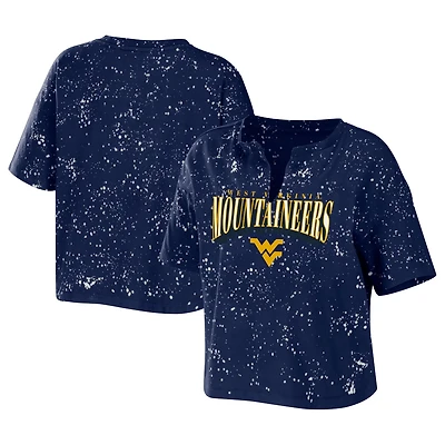 WEAR by Erin Andrews West Virginia Mountaineers Bleach Wash Splatter Cropped Notch Neck T-Shirt
