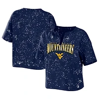 WEAR by Erin Andrews West Virginia Mountaineers Bleach Wash Splatter Cropped Notch Neck T-Shirt
