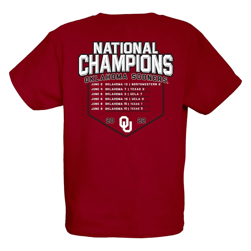 Youth 84 Oklahoma Sooners 2022 NCAA Softball Women's College World Series Champions Base Path Schedule T-Shirt