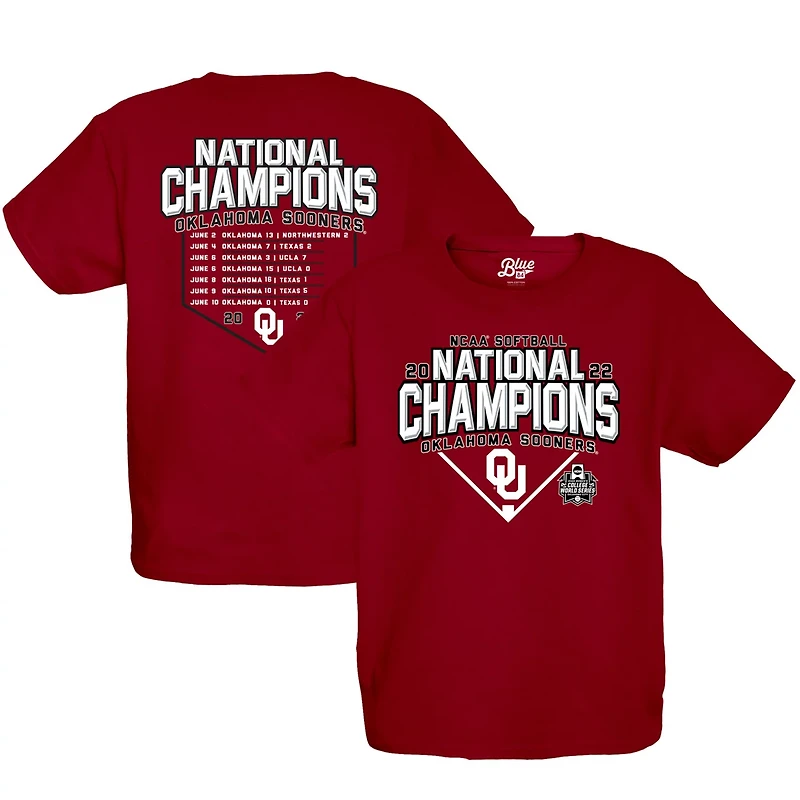 Youth 84 Oklahoma Sooners 2022 NCAA Softball Women's College World Series Champions Base Path Schedule T-Shirt