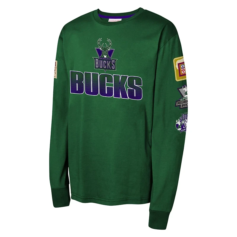 Youth Mitchell  Ness Hunter Milwaukee Bucks Hardwood Classics All Over Long Sleeve T-Shirt