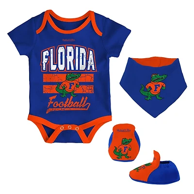 Newborn  Infant Mitchell Ness Florida Gators 3-Pack Bodysuit Bib and Bootie Set