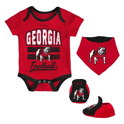 Newborn  Infant Mitchell Ness Georgia Bulldogs 3-Pack Bodysuit Bib and Bootie Set