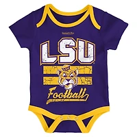 Newborn  Infant Mitchell Ness LSU Tigers 3-Pack Bodysuit Bib and Bootie Set