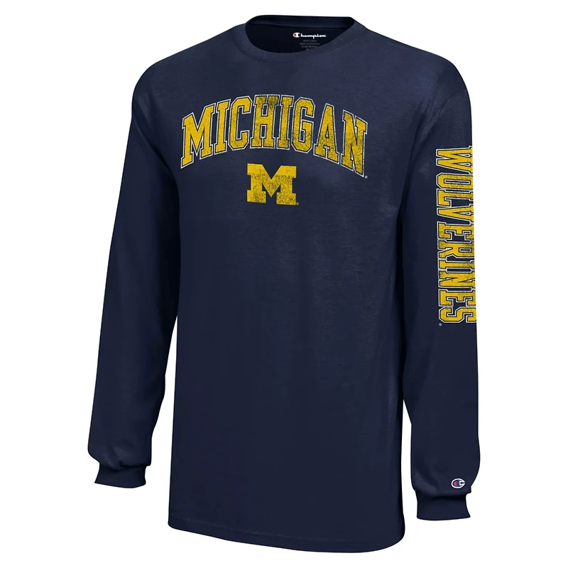 Youth Champion Michigan Wolverines Distressed Arch Over Logo Long Sleeve T-Shirt