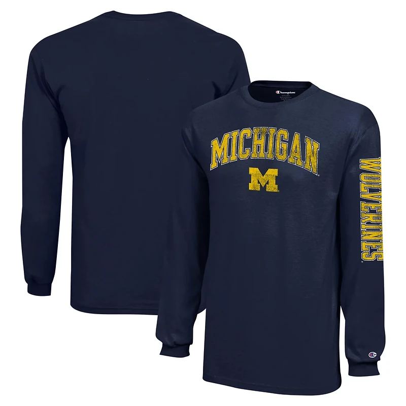 Youth Champion Michigan Wolverines Distressed Arch Over Logo Long Sleeve T-Shirt
